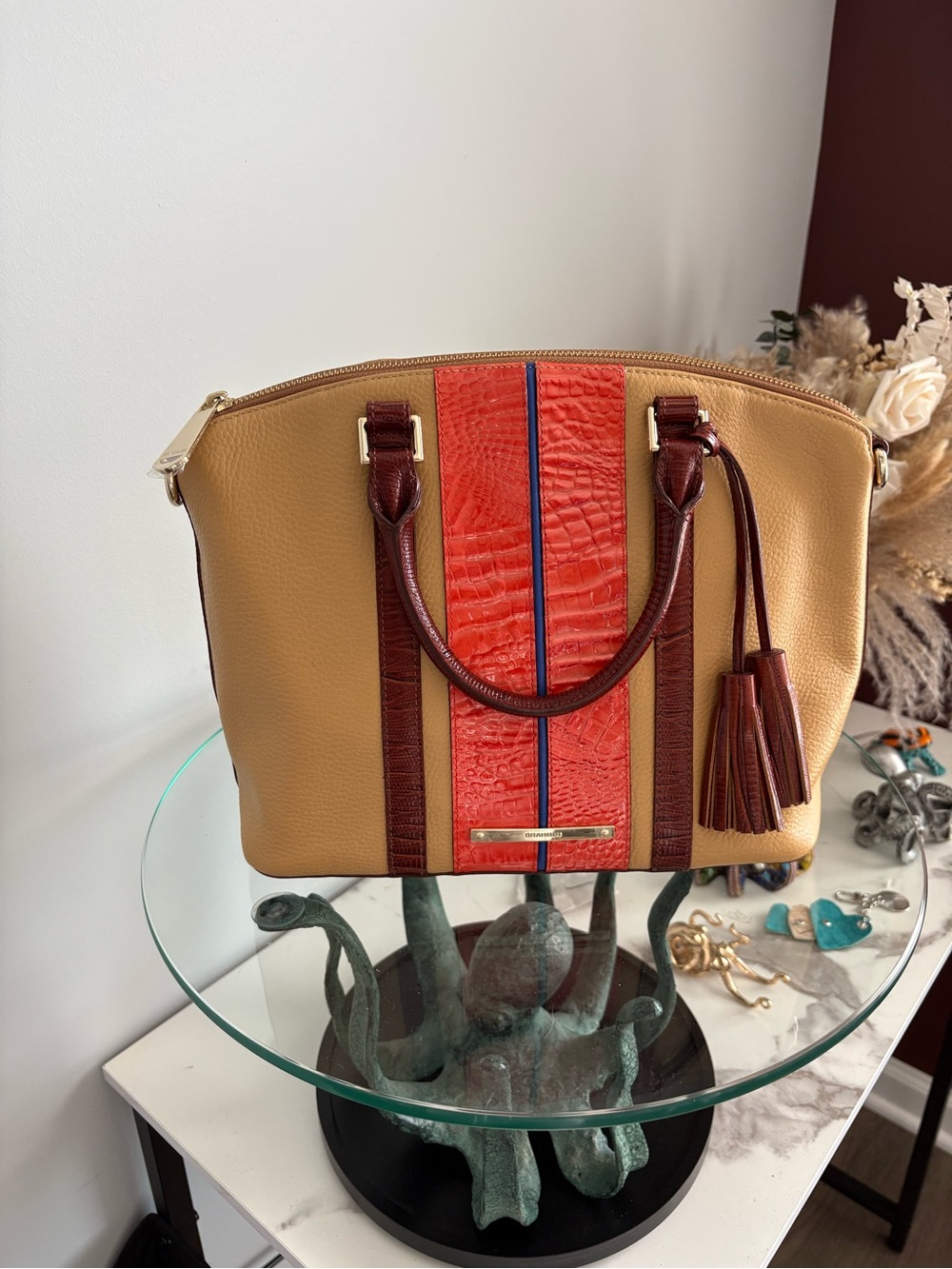Brahmin Dux in lady vineyard pimento with Orange Croc-Embossed Stripe